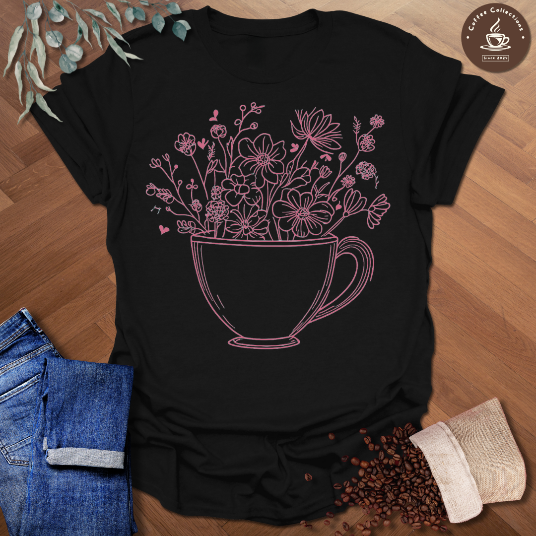 Line Art Flowers in Coffee Cup T-Shirt