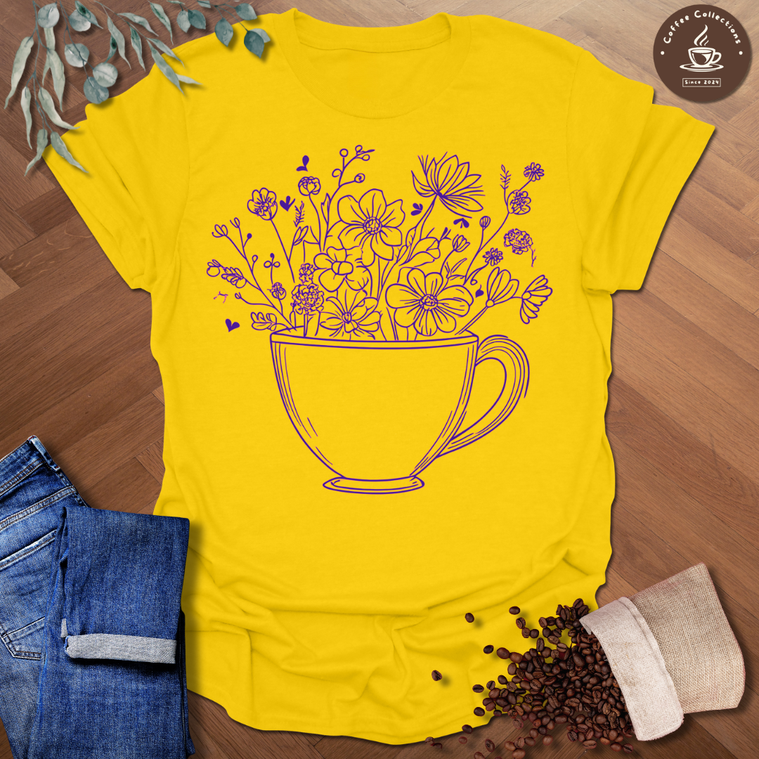 Line Art Flowers in Coffee Cup T-Shirt