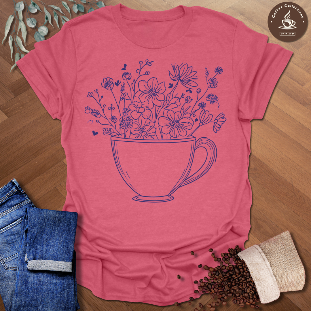 Line Art Flowers in Coffee Cup T-Shirt