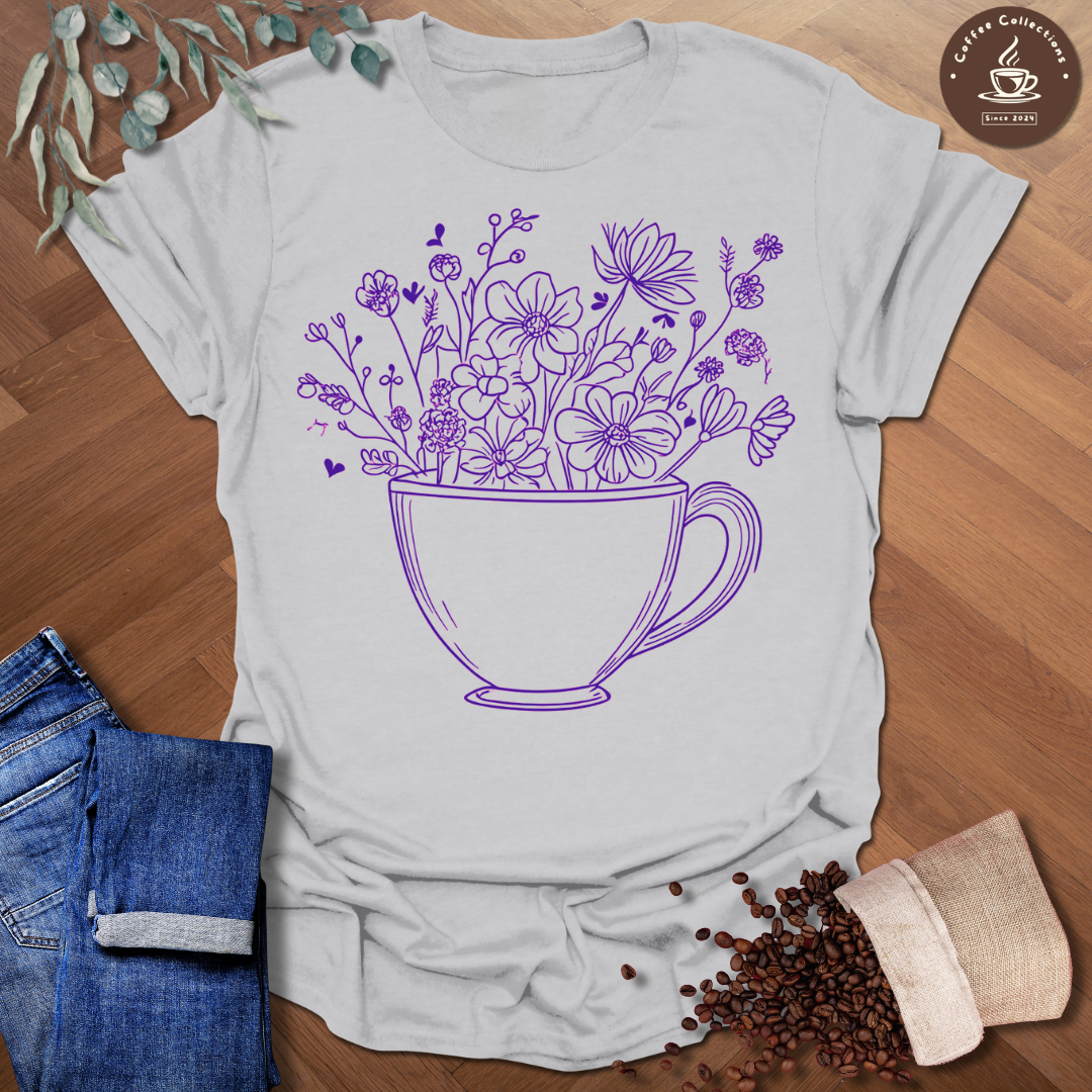 Line Art Flowers in Coffee Cup T-Shirt