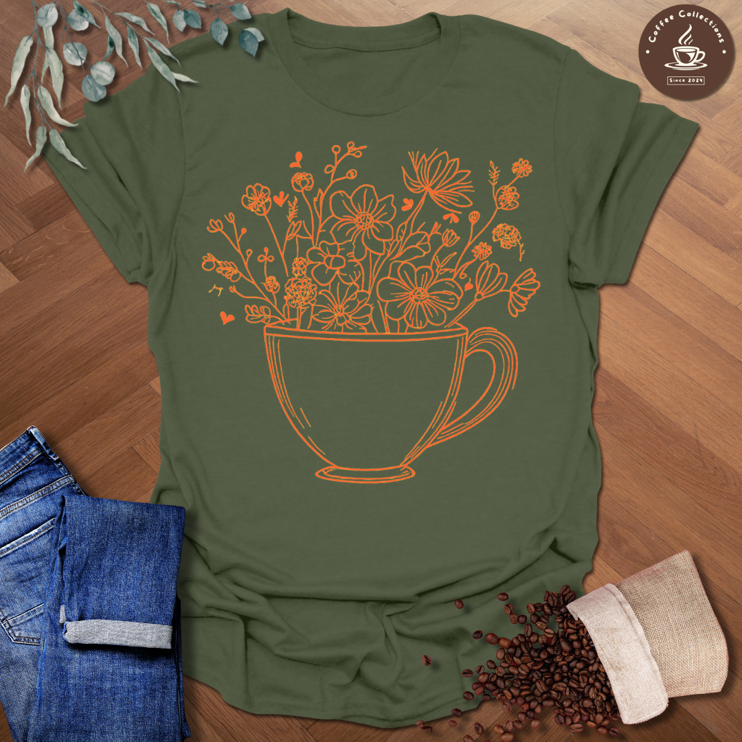 Line Art Flowers in Coffee Cup T-Shirt