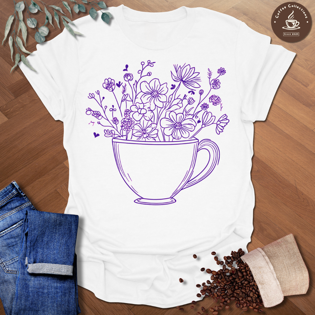 Line Art Flowers in Coffee Cup T-Shirt